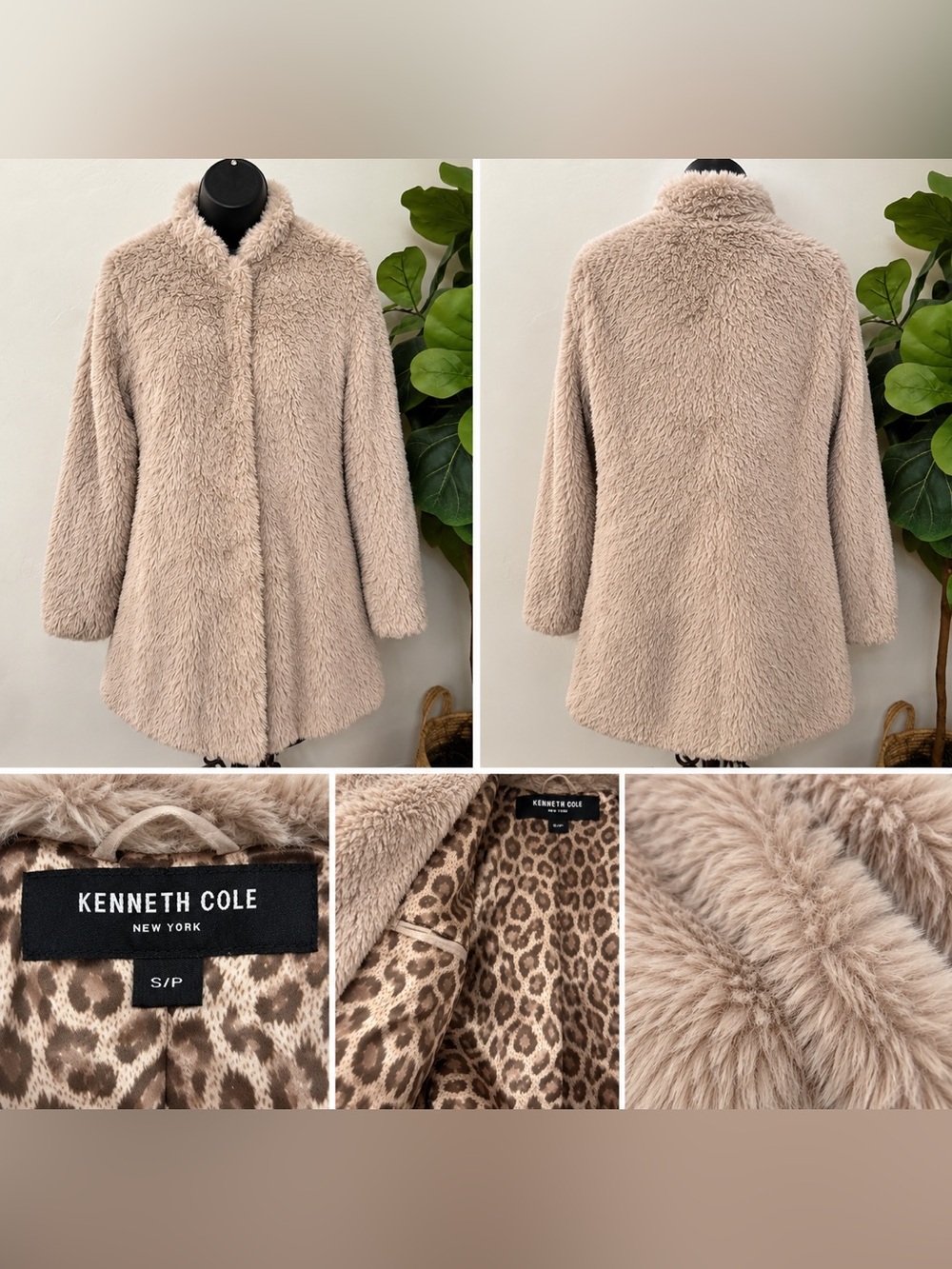 Kenneth Cole Plush Taupe Teddy Coat with Leopard Lining